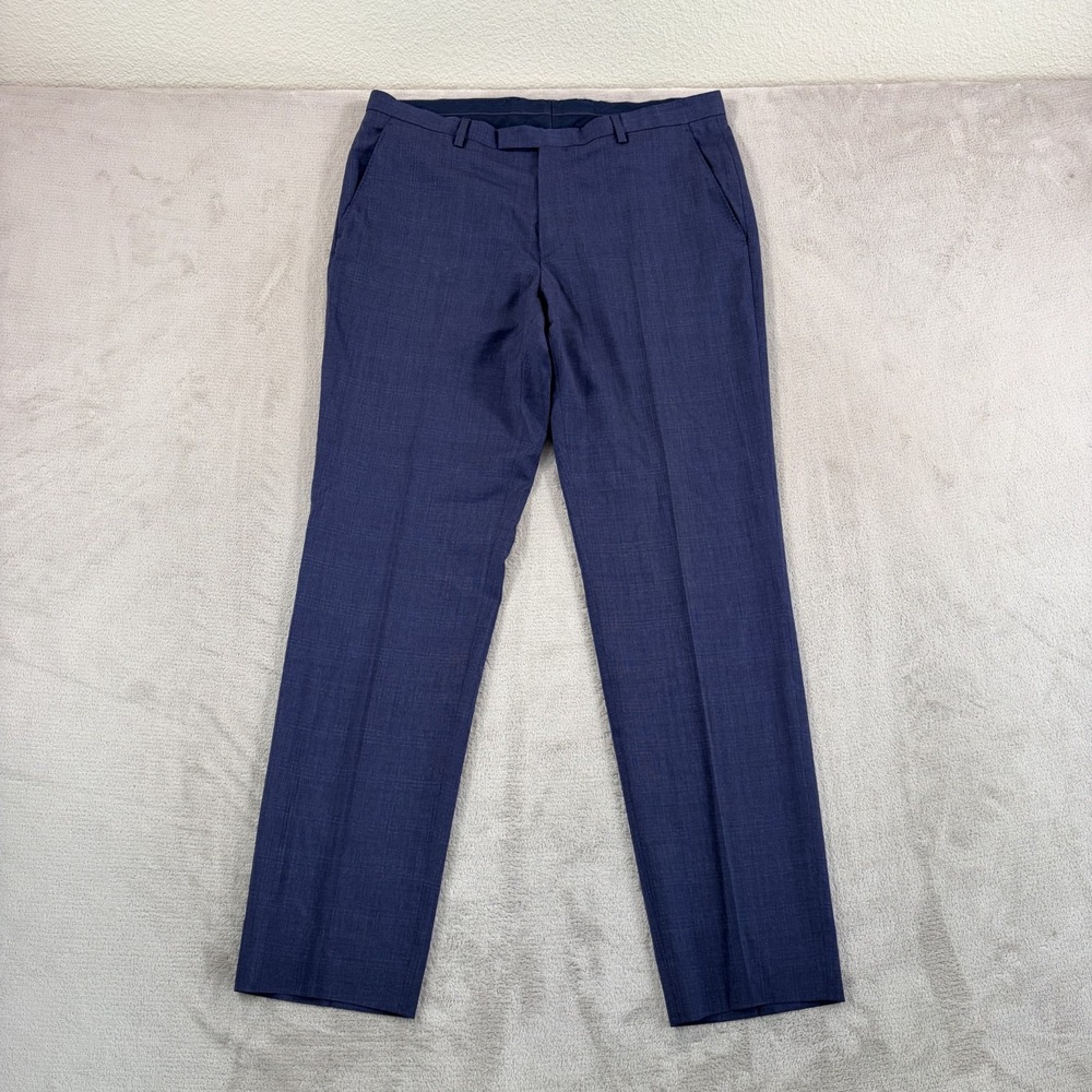 Hugo Boss Dress Suit Trouser Pants in Blue Plaid 100% Wool Men 34x31 Luxury